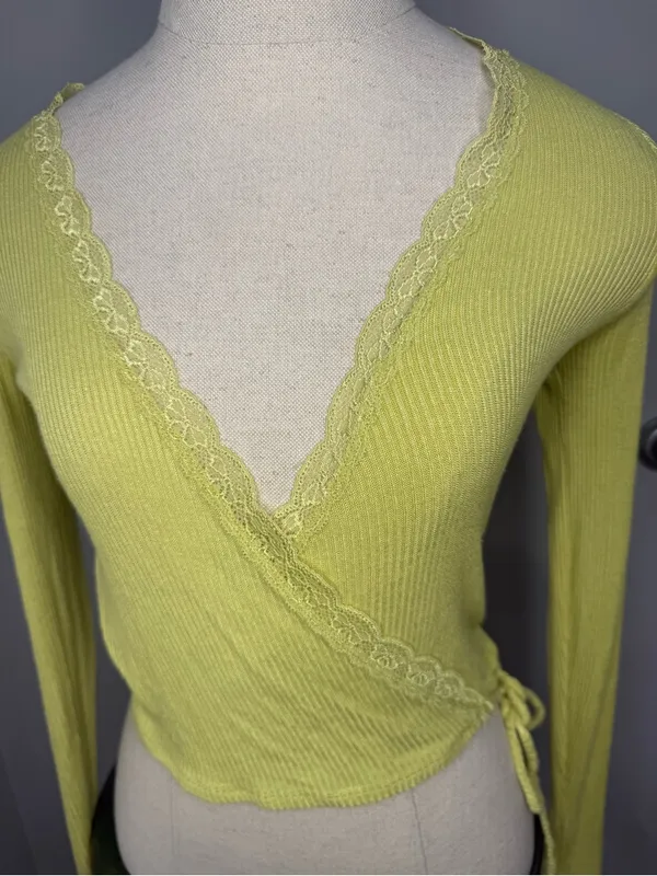 Urban Outfitters Lime Green Ribbed Lace-Trim Wrap Sweater - Image 3