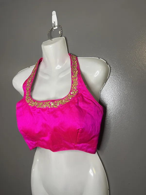 Handmade Halter Blouse Womens Med Pink Embroidered Sequin Padded Cropped Party Top - Image 3