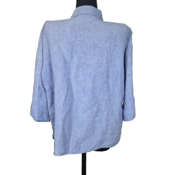 Eileen Fisher 100% Organic Linen Blue Button Down Top Size L Half Sleeve Boxy - Image 3