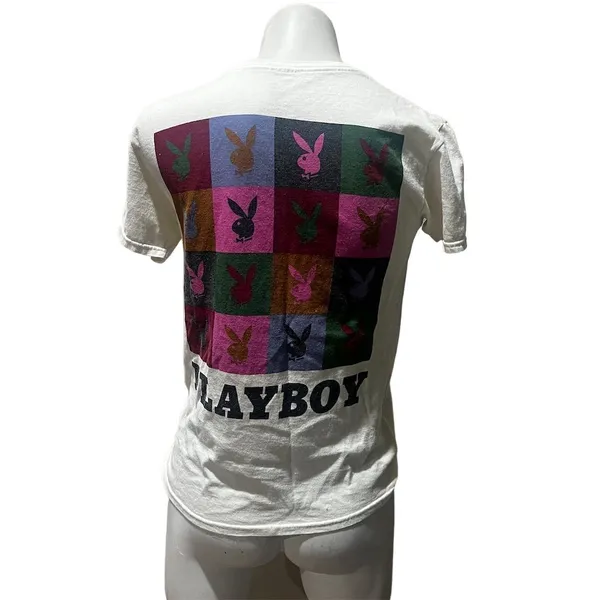 Playboy Women's White T-Shirt XS Multi-Color Bunny Print Logo - Image 4