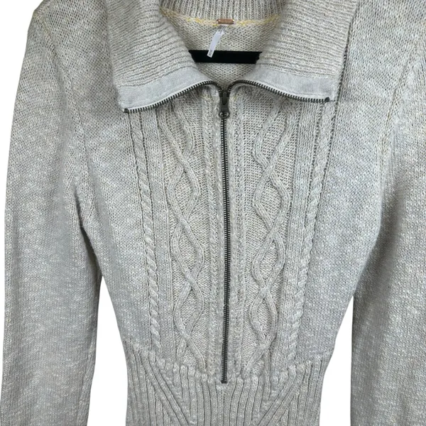 Free People Mont Blanc Mini Dress Cable‎ Knit Zip Quiet Luxury Bodycon M Oatmeal - Image 9