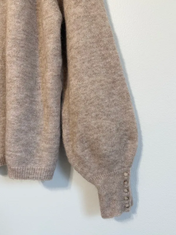 Sézane Louisa Jumper Sweater Size XL Tan Neutral Tan Balloon Sleeve Button Crew - Image 6
