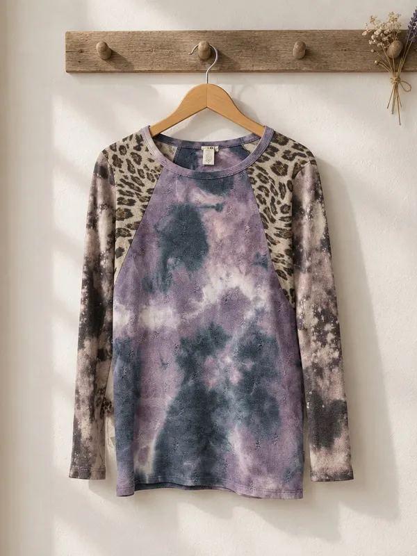 BiBi Tie-Dye Leopard Raglan Long Sleeve Top - Purple & Gray - Image 3