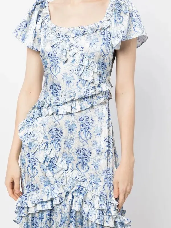 LoveShackFancy Kenya Ruffled White and Blue Floral Maxi Dress Size 2 - Image 3