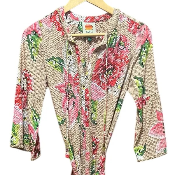 Farm Rio Floral Ruffle Beaded Tassels Belt‎ Slip-On Dress Size XS - Image 2