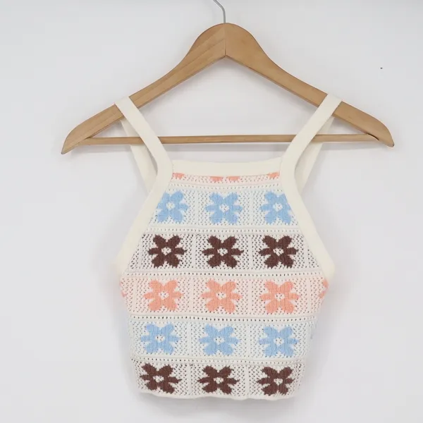 Hippie Rose Tank Top Womens XS Crochet Floral Multi Color Boho Cropped Excellent - Image 2
