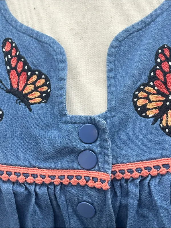 Go Softly Patio Blue Denim Butterfly Embroidered Dress House Duster Medium - Image 5