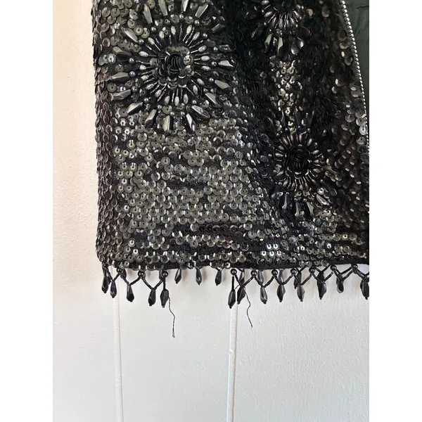 Vintage‎ Hand Beaded Wool Shell Top Black Sequin Floral Fringe Tank M WPL 3526 - Image 4