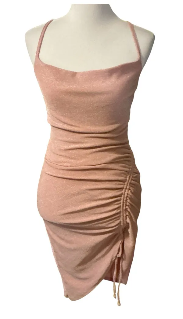 Inspired Hearts Metallic Blush Pink Ruched Drawstring Bodycon Mini Dress (Size M) - Image 2