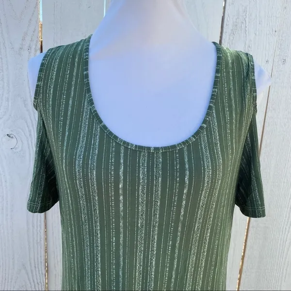 Exist Maxi Dress Large‎ Olive Green Cold Shoulder Striped Knit LMD8359 - Image 4