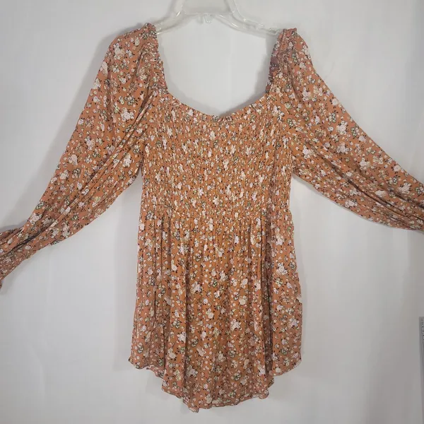 JODIFL Boho Smocked Floral Babydoll Tunic Blouse Orange Rust Ditsy Print Puff L - Image 10