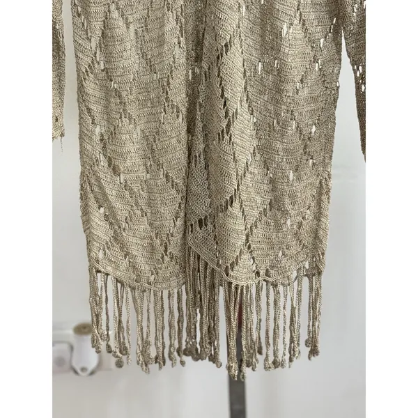 Womens Crochet Knit Cardigan Long Duster Metallic Beige Fringe Boho Cover Up L - Image 9