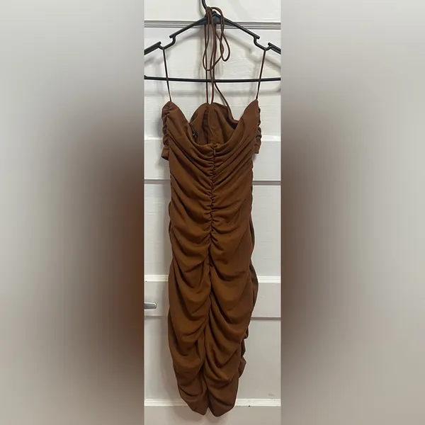 Zara Brown Ruched Mini Dress Front Cutout Size S - Image 3