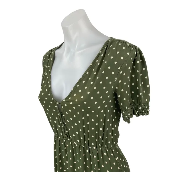 Zara Womens Green Polka Dot V Neck Puff Sleeve Button Midi Flare A-Line Dress XS - Image 2