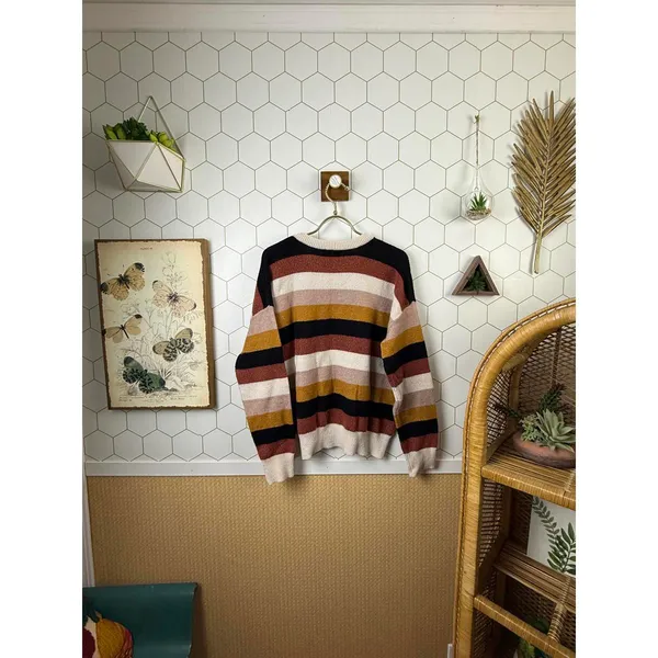 Active USA Tan Color Block Striped Knit Boxy Fit Sweater - Size - Large - Image 3