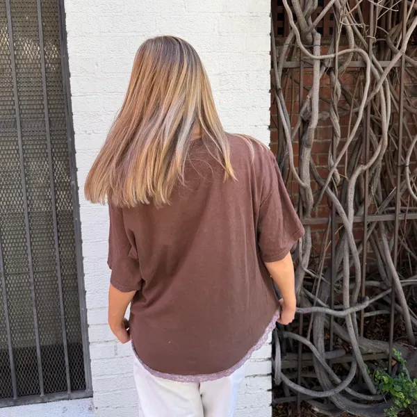 Free People Y2k vintage brown lace trim oversized tee Size L - Image 3