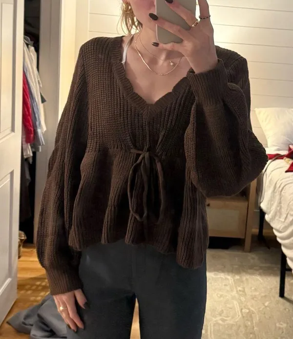 Women's Plain Drawstring Tie Front Scallop Trim Crop Knit Top Brown Size M - Image 2