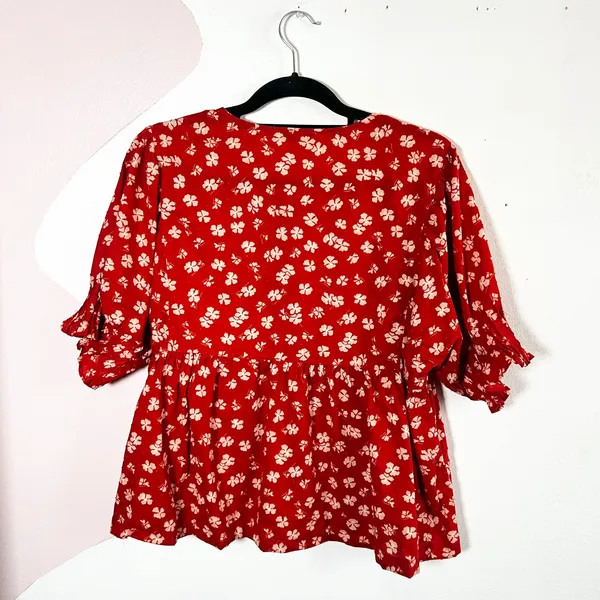Madewell‎ Floral Peplum Top Womens Large 100% Cotton Red Puff Sleeve - Image 3