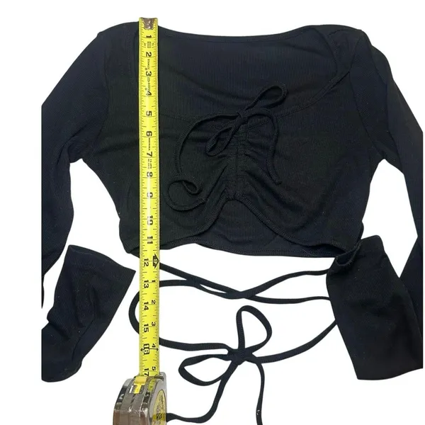 Ruched Bust Wrap Tie Long Sleeve Crop Top Black Medium Y2K Coquette Balletcore - Image 6