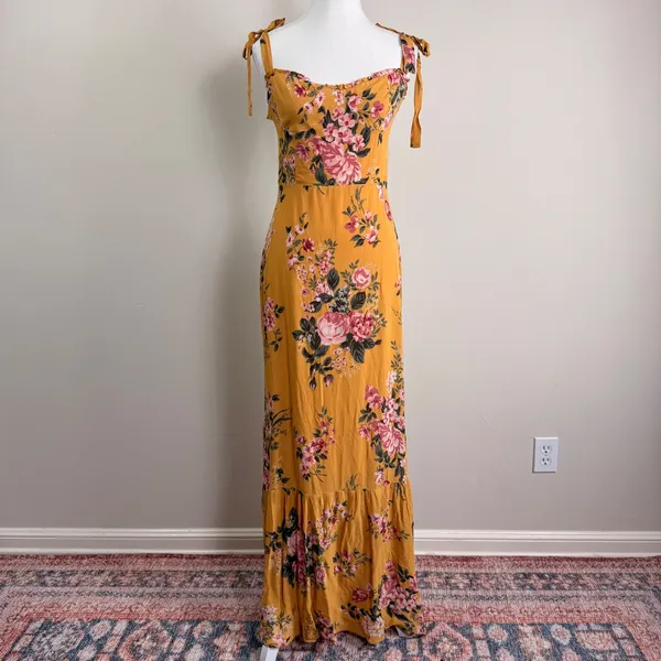 Reformation Jasen Dress Anjelica Yellow Floral Tie Strap Maxi Dress Size 6 - Image 3