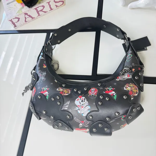🔥 NWT Ed Hardy Y2K Tattoo Print Studded Hobo Bag Black 🖤 - Image 13