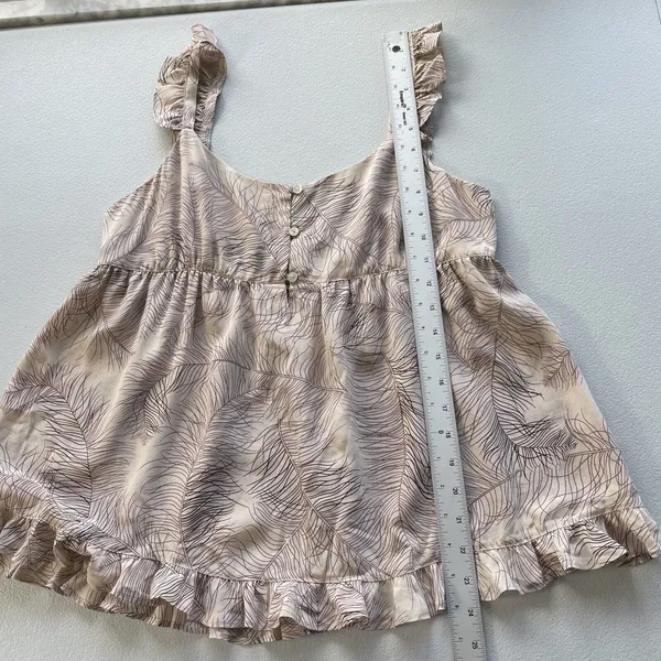 Joie Women M Silk Baby Doll Tank Top Pink Feather Print Cami 1/4 Buttons Ruffles - Image 6