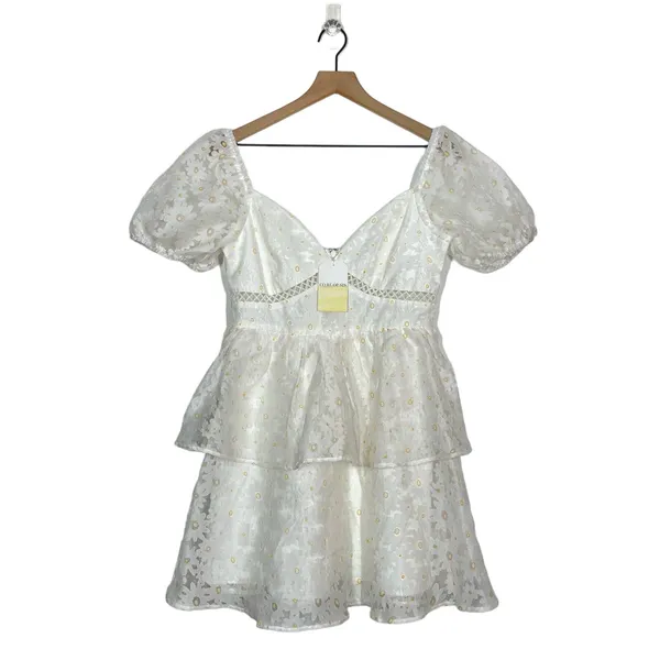 NEW Lena Party A-Line‎ Dress Women's Size Medium White Floral Applique Layered - Image 2