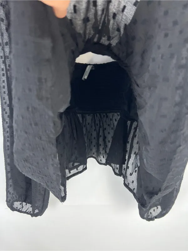 Anthropologie Black Sheer Peplum Blouse Size L Swiss Dot Long Sleeve - Image 6
