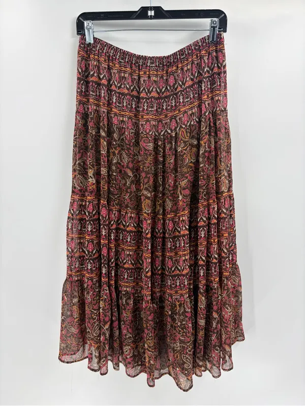 Y2K Boho Paisley Tiered Maxi Skirt bohemian boho beach Brown Pink size small - Image 6