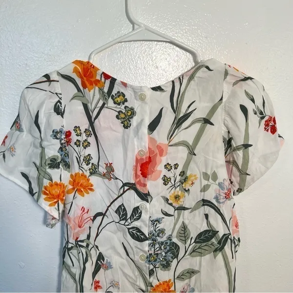 Loft Women's Size‎ Small Floral Button Back Blouse White Flutter Sleeve Flowy - Image 9
