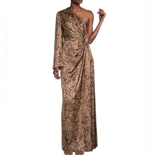 Muse by Marchesa Senna Leopard Satin One Shoulder Maxi Dress Formal US 8 NWT - Image 2