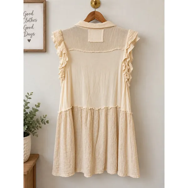 POL Boho Pleated Ruffle Mini Dress Cream Ivory Size M FKD10 - Image 2