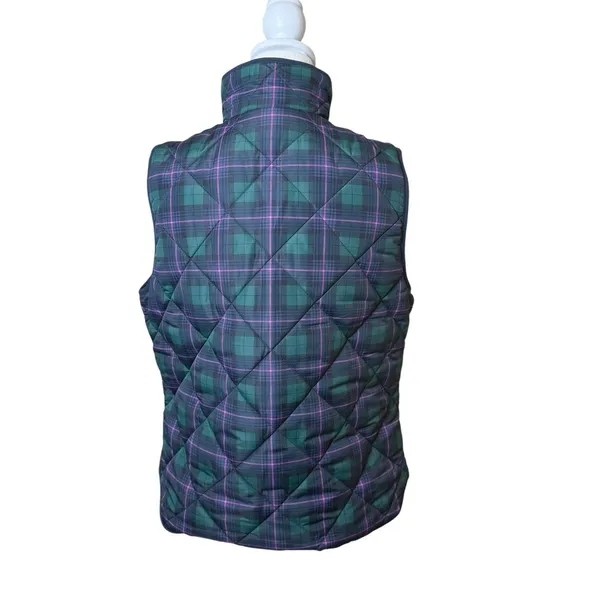 J Crew‎ Quilted Puffer Vest Tartan Plaid Navy Green Purple Size Medium Preppy - Image 4