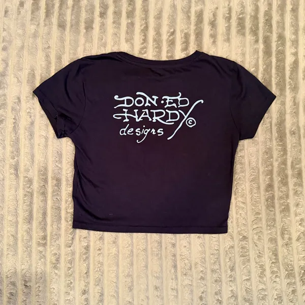 Ed Hardy‎ Navy Broken Hearts and Fairytales Graphic Baby Tee Crop Medium - Image 7