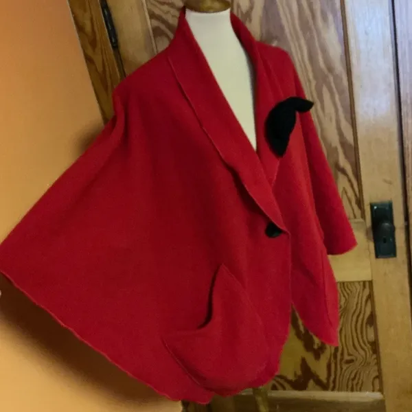Vintage 90s Red Fleece Cape Jacket Le Moda Oversized Shawl Collar Poncho Coat - Image 6