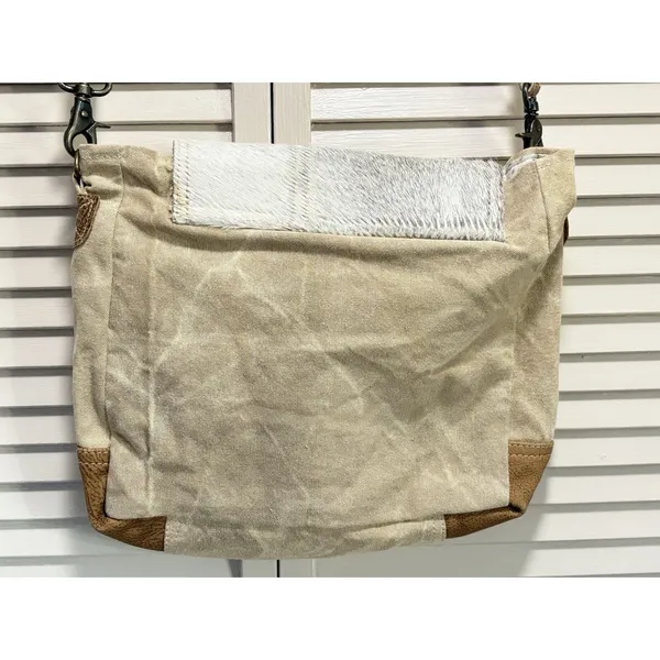 Myra Hair On Cowhide Leather Canvas Paisley Shoulder‎ Bag Boho Gray/Tan - Image 13