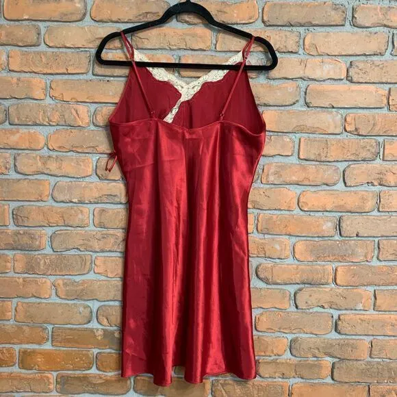 Soft Sensations Women's Lace Trim Satin‎ V-Neck Mini Slip Lingerie Dress Red - M - Image 4