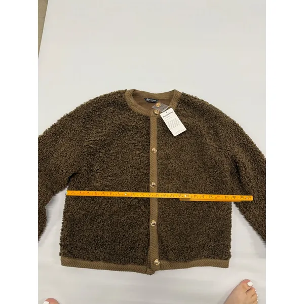 PrettyGarden Brown Sherpa Fleece Cardigan Gold Button Knit Trim Jacket Size L - Image 4