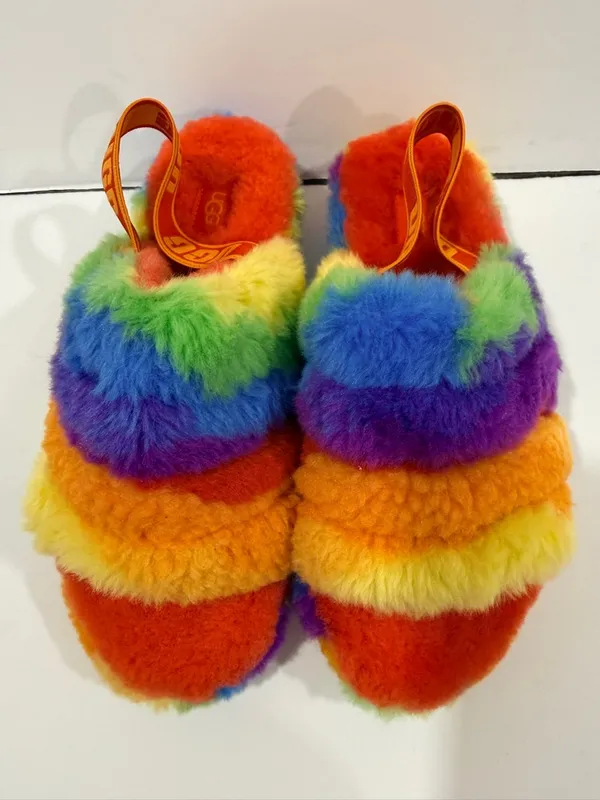 UGG Fluff Yeah Slide Rainbow Multi Color Shearling Slingback Sandal Size 7 Women - Image 2