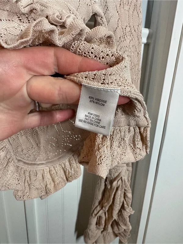Ronny Kobo Tan Pointelle Open-Knit Bell Sleeve Ruffle Sweater Top Size Small - Image 4