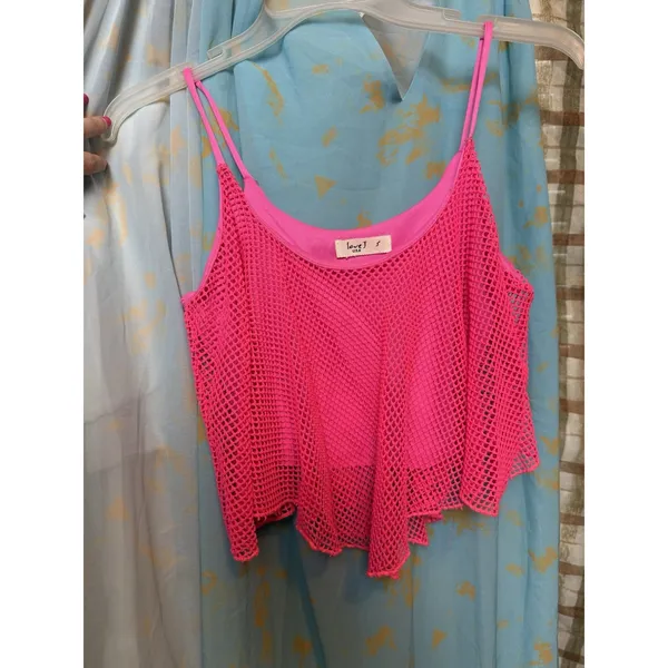 VTG Y2K Hot Pink Spaghetti Strap Net With Built In Undershirt Crop Top Sz S - Image 4