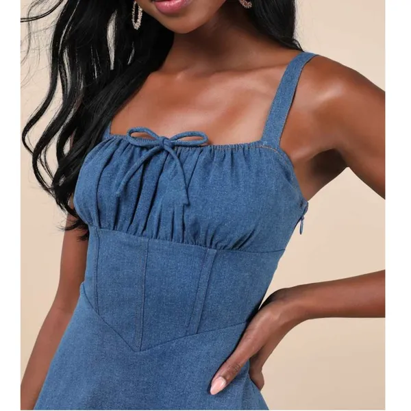 NEW Lulus Considered Charisma Blue Chambray Bustier Corset Style Mini Dress XS - Image 3