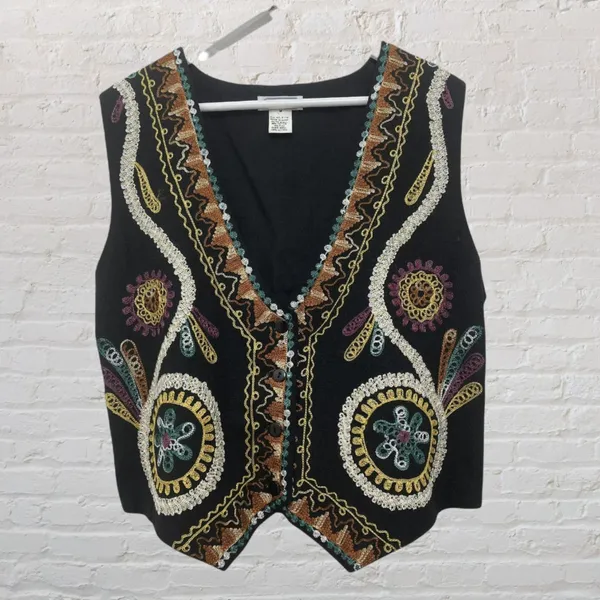 Gallagher Vintage 90s Embroidered Folk Art Cotton Flax Vest M Whimsigoth - Image 3