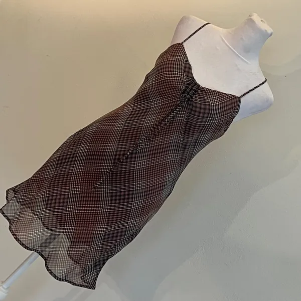 Urban Outfitters Plaid Mesh Mini Slip Dress Brown Mauve Ruched Bust Size M - Image 2