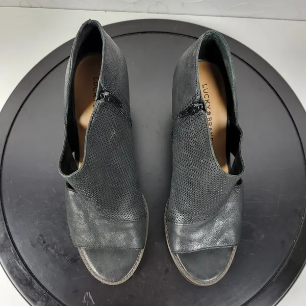 Lucky Brand Jedrek Womens Wedge Size 11 Black Leather Open Toe Slip On Pump Heel - Image 9