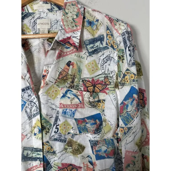 Chicos‎ Women's Linen Postage Stamp 3/4 Sleeve Button-up Top Sz L (2) Travel - Image 3