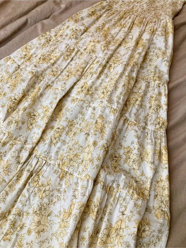 Aqua Yellow Smocked Floral Sundress Cottagecore Maxi Lined w Pockets - Image 4