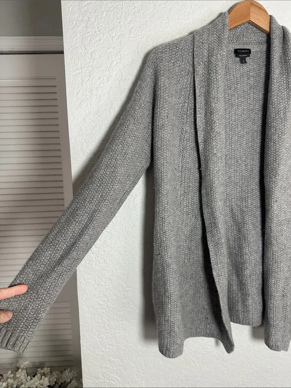 Talbots Gray Open Cardigan Sweater 100% Cashmere Shawl Front Cozy Fall Winter - Image 2
