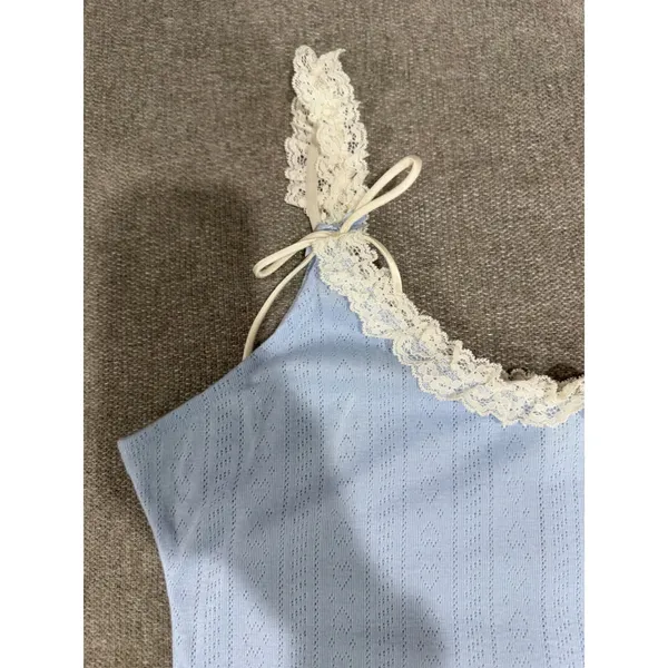 Kacey Lee Baby Blue Pointelle Lace Trim Two Piece Set Cami Shorts L - Image 7
