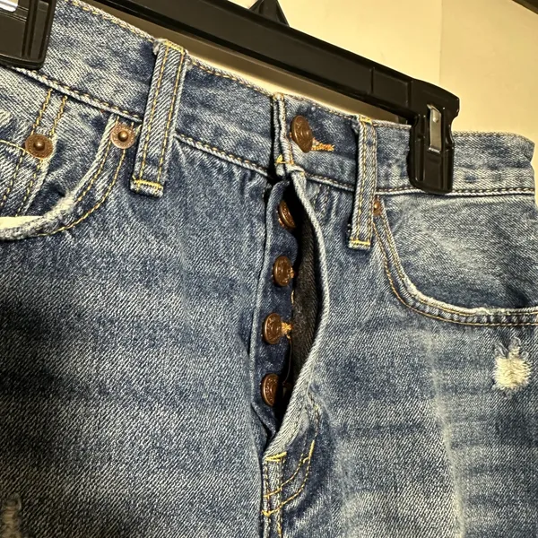 Free People Sofia Cutoff Denim Shorts 25 Blue Distressed Button Fly Raw Hem‎ - Image 3